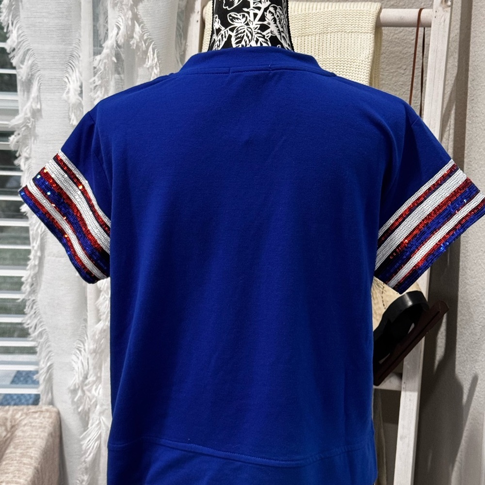 Gameday Blue Orange Sequin Sleeve Top Split Neck XS NWT - Picture 9 of 13